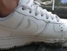 Jon Arteen plays in the mud with his new sneakers Nike Air Force One AF1 sockless. Boy foot fetish gay porn video