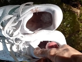 Twink jerks off his cock, squirts cum in dirty smelly shoes, into white sneakers, Nike Air Force One AF1, it's a porn video for gay feet foot fetish lovers