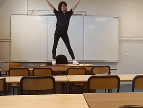 Twink student Jon Arteen goes to school to do a sexy dance before a striptease on the teacher's desk in a classroom, he starts by showing off his red boxer underwear